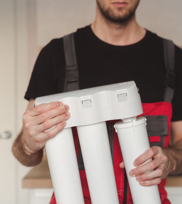 plumber holding water filtration system