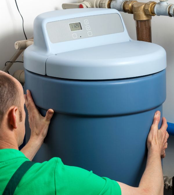 Worker installing water softener