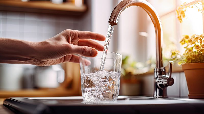 A human hand holds a glass cup under a kitchen tap, collecting clean and purified water.