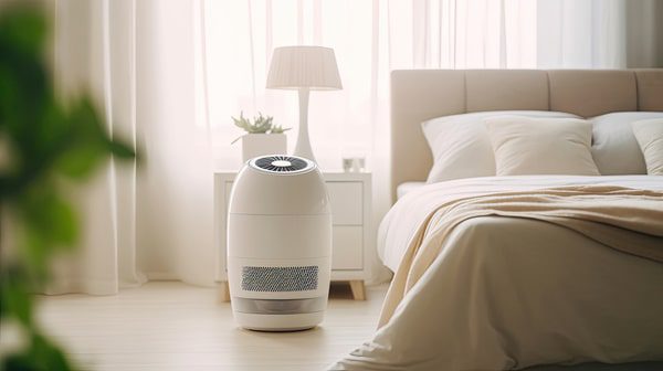 Air purifier in cozy white bedroom for air purification