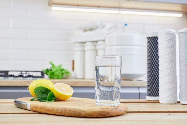 Glass of filtered clean water with reverse osmosis filter, lemons and cartridges on table in kitchen. Concept Household filtration or purification system.