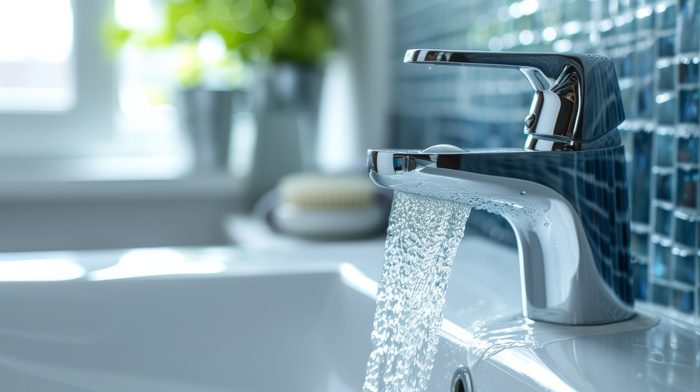 Close-up sink with faucet with running conditioned water in bright bathroom