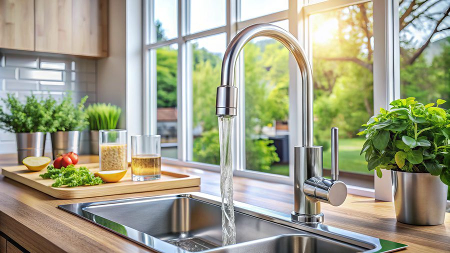 Clean soft water flows from a modern kitchen sink faucet
