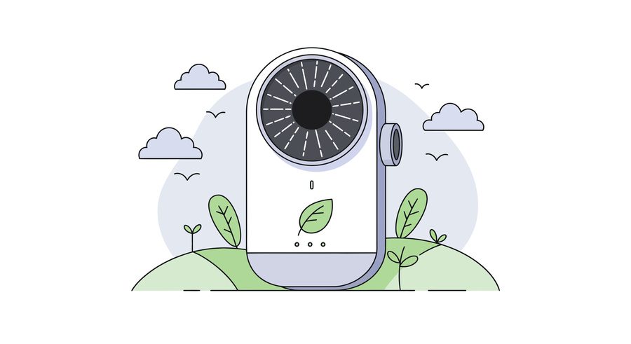 Modern air purifier with leaf symbol on a green hill illustration, concept for promoting clean indoor air