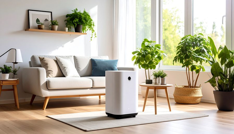 Modern air purifier in sunny living room